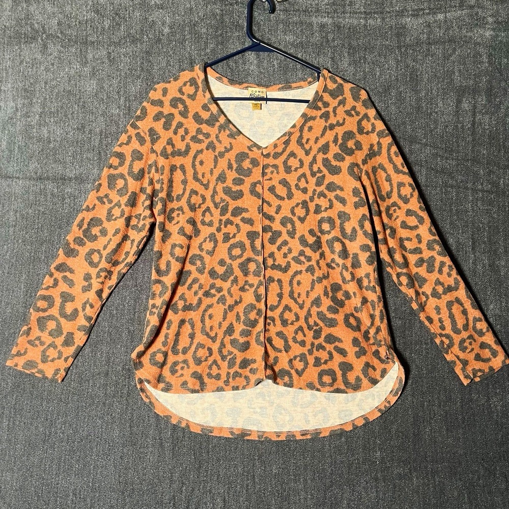 COMO Vintage Womens PS Petite Brown Gray Leopard V-Neck Long Sleeve Knit Top